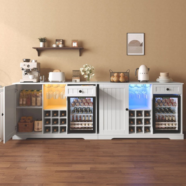 English Elm Bar Cabinet with Wine Rack Glass Holders LED Lighting and Fridge Space Mid Century N728P511478W