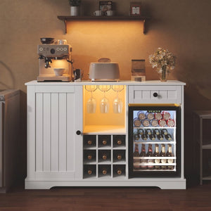 English Elm Bar Cabinet with Wine Rack Glass Holders LED Lighting and Fridge Space Mid Century N728P511478W