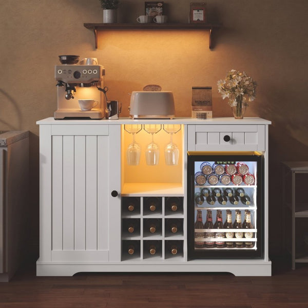 English Elm Bar Cabinet with Wine Rack Glass Holders LED Lighting and Fridge Space Mid Century N728P511478W