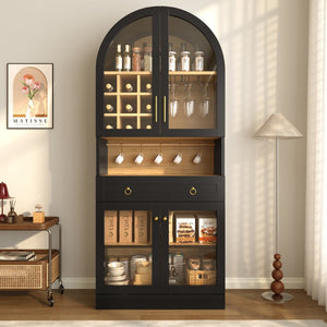 English Elm 70 Inch Arched Bar Cabinet with Tempered Glass Doors Wine Rack and Stemware Storage Black N728S455834B