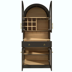 English Elm 70 Inch Arched Bar Cabinet with Tempered Glass Doors Wine Rack and Stemware Storage Black N728S455834B