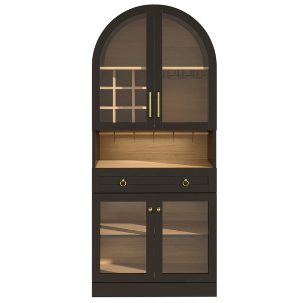 English Elm 70 Inch Arched Bar Cabinet with Tempered Glass Doors Wine Rack and Stemware Storage Black N728S455834B