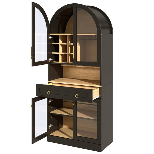 English Elm 70 Inch Arched Bar Cabinet with Tempered Glass Doors Wine Rack and Stemware Storage Black N728S455834B