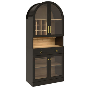 English Elm 70 Inch Arched Bar Cabinet with Tempered Glass Doors Wine Rack and Stemware Storage Black N728S455834B