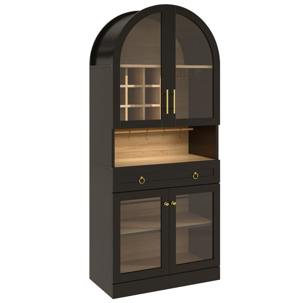 English Elm 70 Inch Arched Bar Cabinet with Tempered Glass Doors Wine Rack and Stemware Storage Black N728S455834B