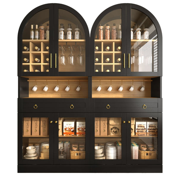 English Elm 70 Inch Arched Bar Cabinet with Tempered Glass Doors Wine Rack and Stemware Storage Black N728S455834B