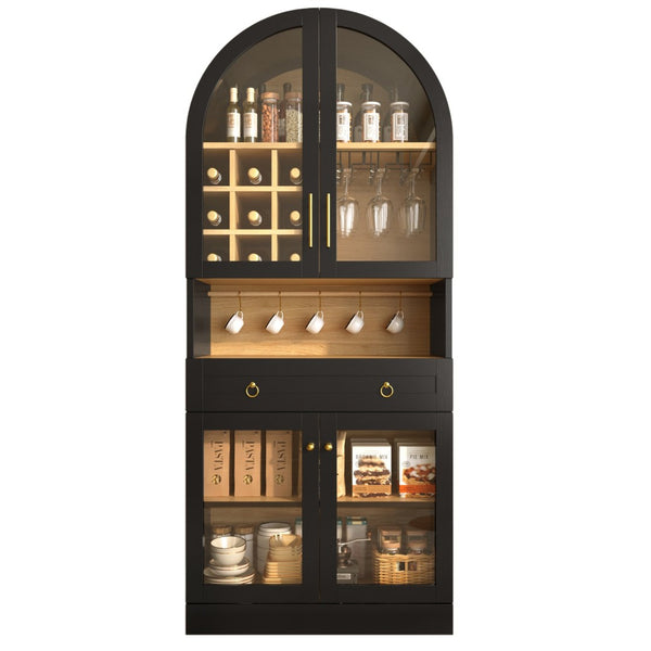 English Elm 70 Inch Arched Bar Cabinet with Tempered Glass Doors Wine Rack and Stemware Storage Black N728S455834B