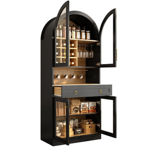 English Elm 70 Inch Arched Bar Cabinet with Tempered Glass Doors Wine Rack and Stemware Storage Black N728S455834B