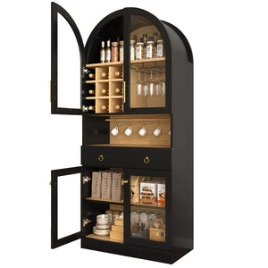 English Elm 70 Inch Arched Bar Cabinet with Tempered Glass Doors Wine Rack and Stemware Storage Black N728S455834B
