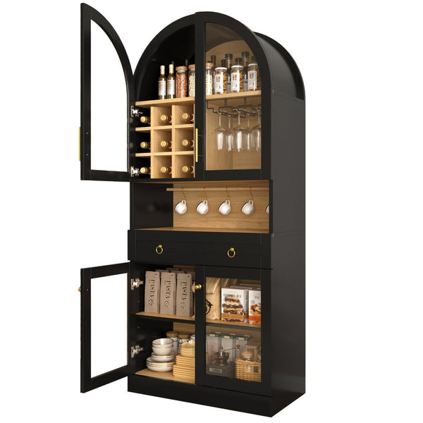 English Elm 70 Inch Arched Bar Cabinet with Tempered Glass Doors Wine Rack and Stemware Storage Black N728S455834B