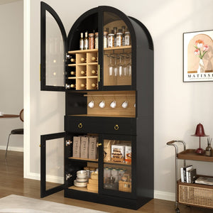 English Elm 70 Inch Arched Bar Cabinet with Tempered Glass Doors Wine Rack and Stemware Storage Black N728S455834B
