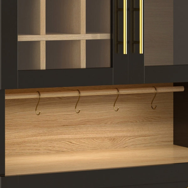 English Elm 70 Inch Arched Bar Cabinet with Tempered Glass Doors Wine Rack and Stemware Storage Black N728S455834B