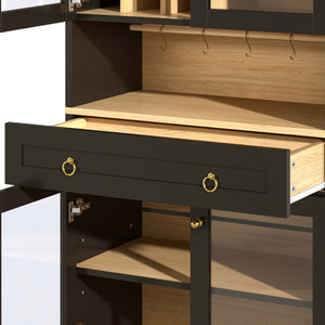 English Elm 70 Inch Arched Bar Cabinet with Tempered Glass Doors Wine Rack and Stemware Storage Black N728S455834B