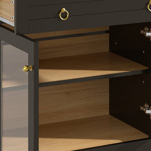 English Elm 70 Inch Arched Bar Cabinet with Tempered Glass Doors Wine Rack and Stemware Storage Black N728S455834B