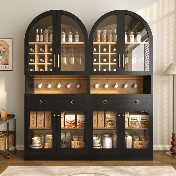 English Elm 70 Inch Arched Bar Cabinet with Tempered Glass Doors Wine Rack and Stemware Storage Black N728S455834B