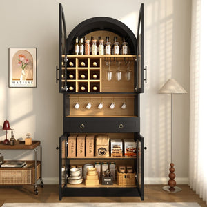 English Elm 70 Inch Arched Bar Cabinet with Tempered Glass Doors Wine Rack and Stemware Storage Black N728S455834B