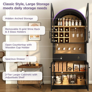 English Elm 70 Inch Arched Bar Cabinet with Tempered Glass Doors Wine Rack and Stemware Storage Black N728S455834B