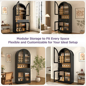 English Elm 70 Inch Arched Bar Cabinet with Tempered Glass Doors Wine Rack and Stemware Storage Black N728S455834B