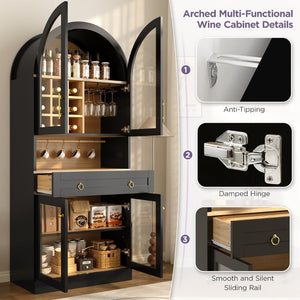 English Elm 70 Inch Arched Bar Cabinet with Tempered Glass Doors Wine Rack and Stemware Storage Black N728S455834B