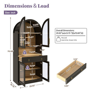 English Elm 70 Inch Arched Bar Cabinet with Tempered Glass Doors Wine Rack and Stemware Storage Black N728S455834B
