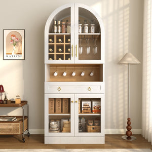 English Elm 70 Inch Arched Bar Cabinet with Tempered Glass Doors Wine Rack and Stemware Storage White N728S455834W