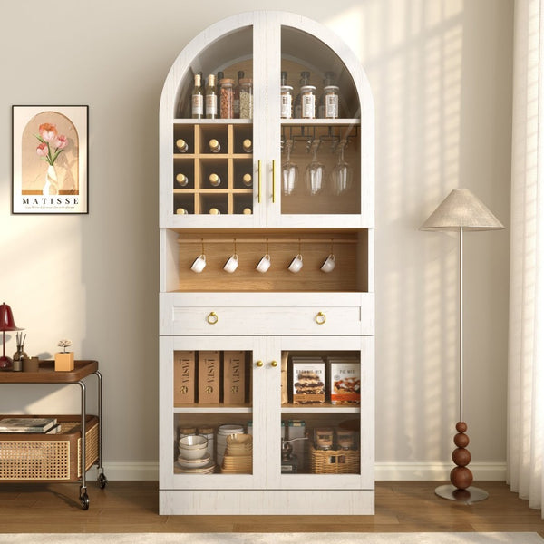 English Elm 70 Inch Arched Bar Cabinet with Tempered Glass Doors Wine Rack and Stemware Storage White N728S455834W