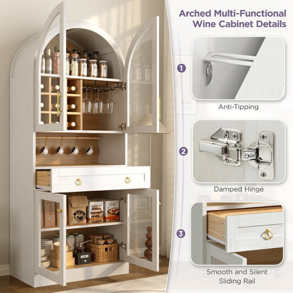 English Elm 70 Inch Arched Bar Cabinet with Tempered Glass Doors Wine Rack and Stemware Storage White N728S455834W