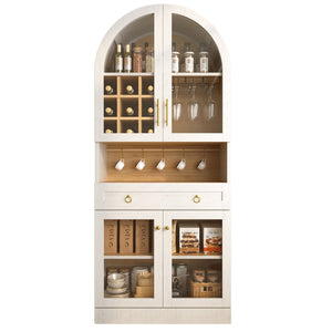 English Elm 70 Inch Arched Bar Cabinet with Tempered Glass Doors Wine Rack and Stemware Storage White N728S455834W