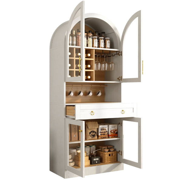English Elm 70 Inch Arched Bar Cabinet with Tempered Glass Doors Wine Rack and Stemware Storage White N728S455834W