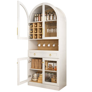 English Elm 70 Inch Arched Bar Cabinet with Tempered Glass Doors Wine Rack and Stemware Storage White N728S455834W