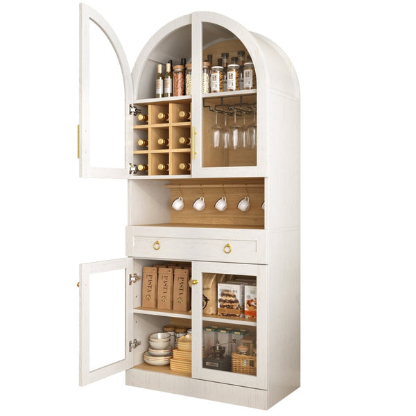 English Elm 70 Inch Arched Bar Cabinet with Tempered Glass Doors Wine Rack and Stemware Storage White N728S455834W
