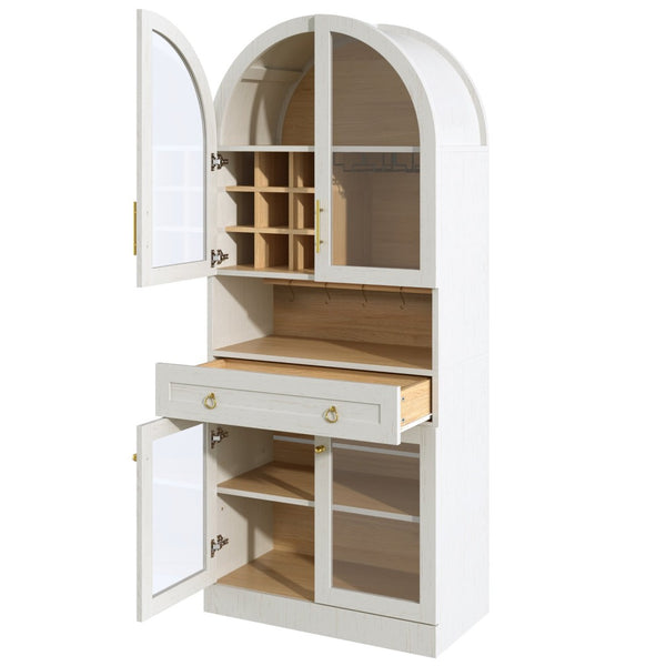 English Elm 70 Inch Arched Bar Cabinet with Tempered Glass Doors Wine Rack and Stemware Storage White N728S455834W