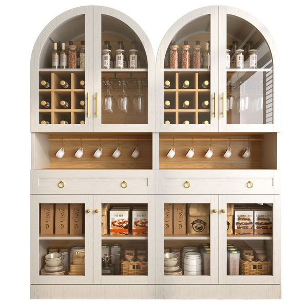 English Elm 70 Inch Arched Bar Cabinet with Tempered Glass Doors Wine Rack and Stemware Storage White N728S455834W