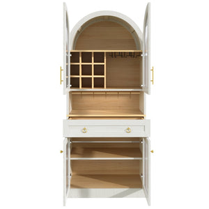 English Elm 70 Inch Arched Bar Cabinet with Tempered Glass Doors Wine Rack and Stemware Storage White N728S455834W
