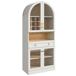 English Elm 70 Inch Arched Bar Cabinet with Tempered Glass Doors Wine Rack and Stemware Storage White N728S455834W