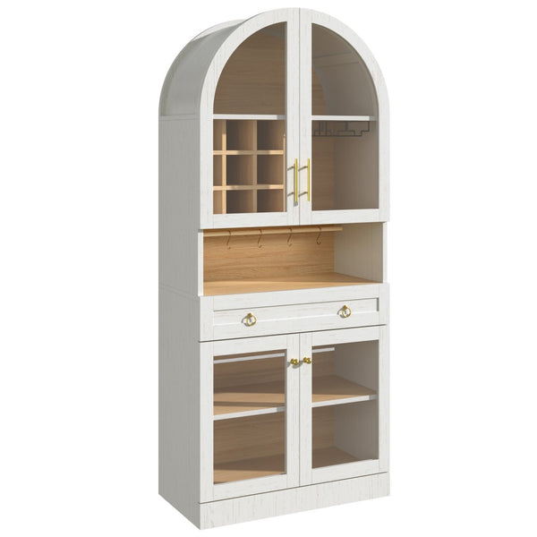 English Elm 70 Inch Arched Bar Cabinet with Tempered Glass Doors Wine Rack and Stemware Storage White N728S455834W