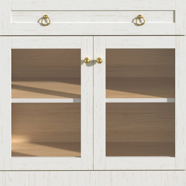 English Elm 70 Inch Arched Bar Cabinet with Tempered Glass Doors Wine Rack and Stemware Storage White N728S455834W