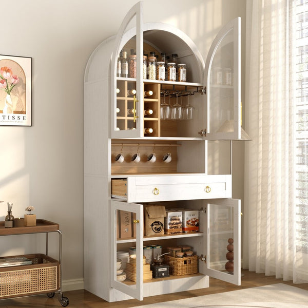 English Elm 70 Inch Arched Bar Cabinet with Tempered Glass Doors Wine Rack and Stemware Storage White N728S455834W