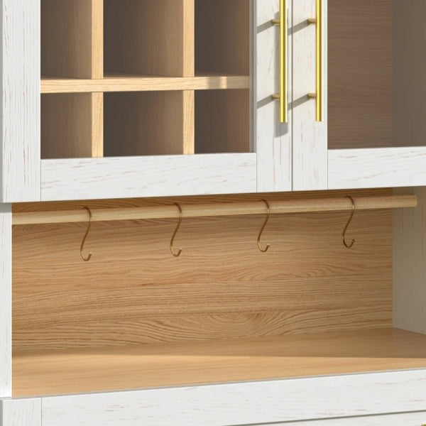 English Elm 70 Inch Arched Bar Cabinet with Tempered Glass Doors Wine Rack and Stemware Storage White N728S455834W