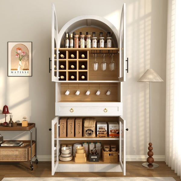 English Elm 70 Inch Arched Bar Cabinet with Tempered Glass Doors Wine Rack and Stemware Storage White N728S455834W