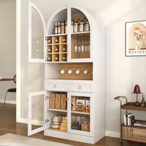 English Elm 70 Inch Arched Bar Cabinet with Tempered Glass Doors Wine Rack and Stemware Storage White N728S455834W
