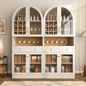 English Elm 70 Inch Arched Bar Cabinet with Tempered Glass Doors Wine Rack and Stemware Storage White N728S455834W
