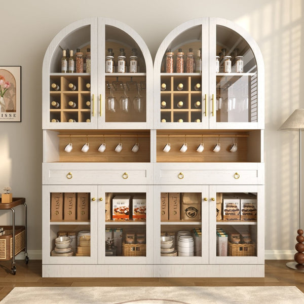 English Elm 70 Inch Arched Bar Cabinet with Tempered Glass Doors Wine Rack and Stemware Storage White N728S455834W