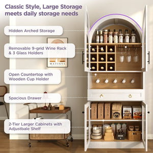 English Elm 70 Inch Arched Bar Cabinet with Tempered Glass Doors Wine Rack and Stemware Storage White N728S455834W