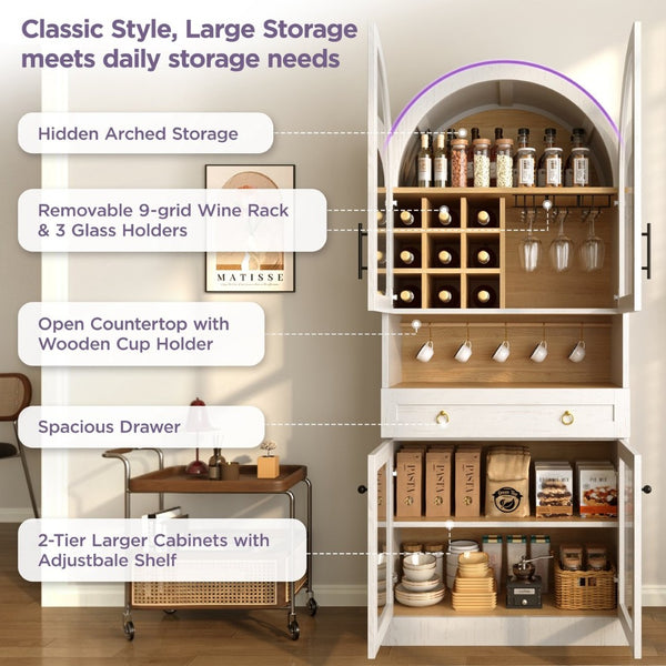 English Elm 70 Inch Arched Bar Cabinet with Tempered Glass Doors Wine Rack and Stemware Storage White N728S455834W