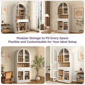 English Elm 70 Inch Arched Bar Cabinet with Tempered Glass Doors Wine Rack and Stemware Storage White N728S455834W