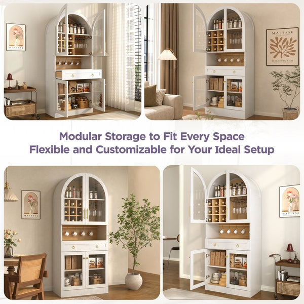 English Elm 70 Inch Arched Bar Cabinet with Tempered Glass Doors Wine Rack and Stemware Storage White N728S455834W