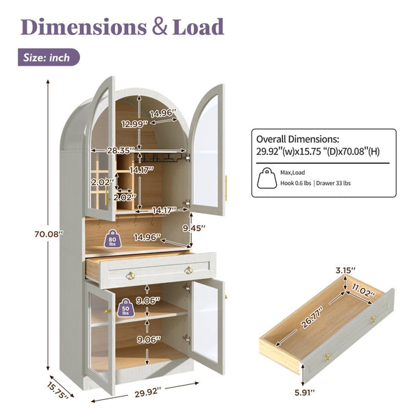 English Elm 70 Inch Arched Bar Cabinet with Tempered Glass Doors Wine Rack and Stemware Storage White N728S455834W