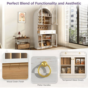 English Elm 70 Inch Arched Bar Cabinet with Tempered Glass Doors Wine Rack and Stemware Storage White N728S455834W