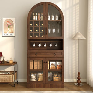 English Elm 70 Inch Arched Bar Cabinet with Tempered Glass Doors Wine Rack and Stemware Storage Walnut N728S455834Z